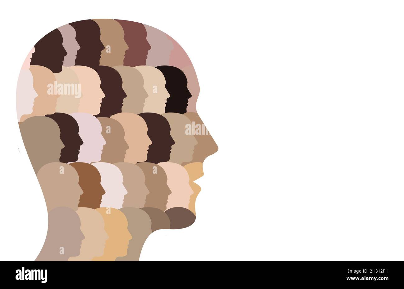 Modèle d'un groupe de personnes diverses avec différentes tonalités de peau qui constitue une tête multiculturelle. Banque D'Images