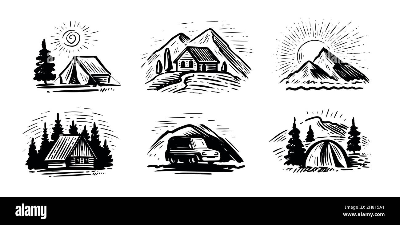 Vecteur de concept de montagnes et de camping.Ensemble d'emblèmes extérieurs pour les voyages locaux, style esquisse Illustration de Vecteur
