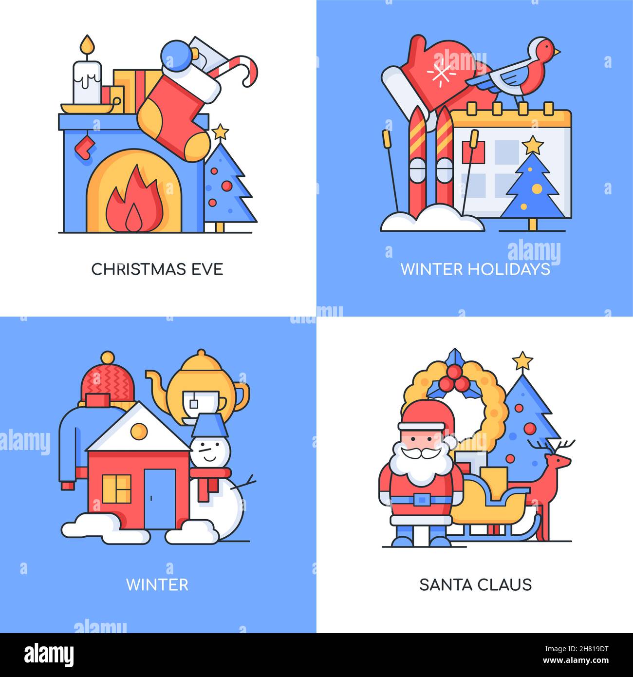 Merry Christmas - ensemble de dessins de style de ligne des illustrations colorées.Images bleues, rouges et jaunes des décorations traditionnelles du nouvel an.Foyer avec stocki Illustration de Vecteur