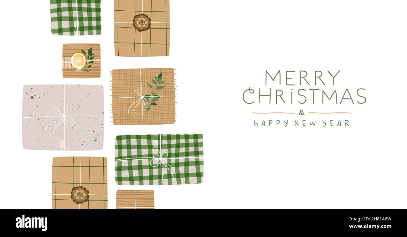 Joyeux Noël carte de vœux du nouvel an illustration d'un cadeau de papier d'emballage recyclé avec une décoration de plantes vertes d'hiver.Concept de soin de la nature pour Illustration de Vecteur