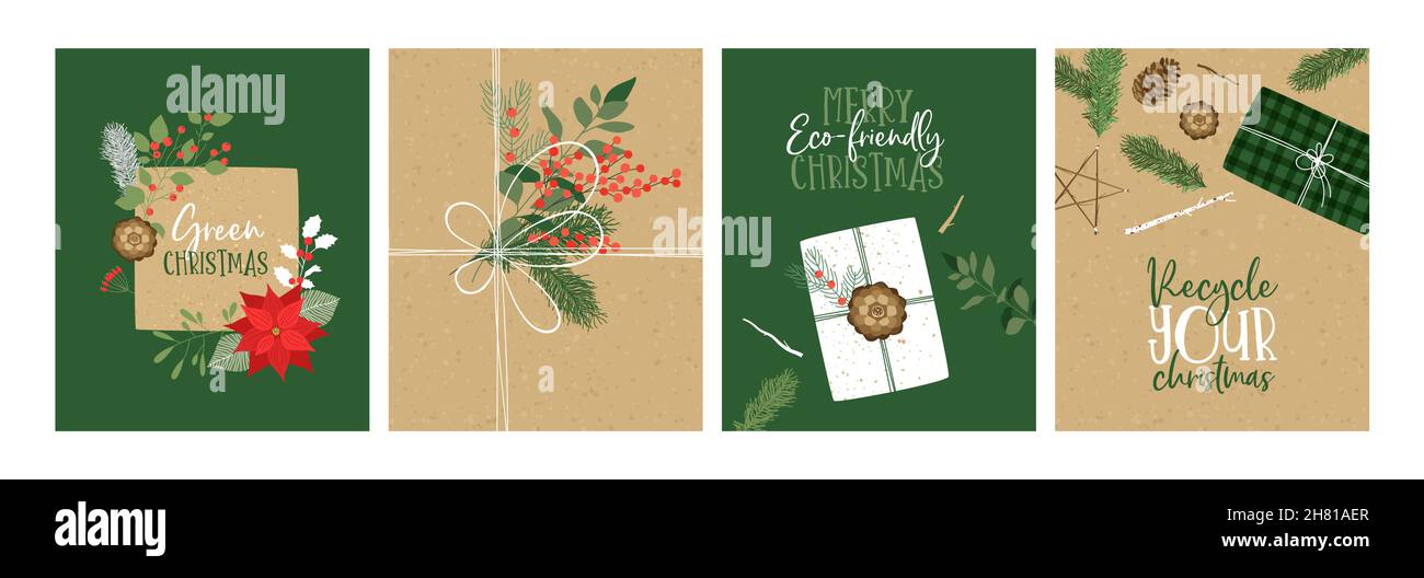 Carte de vœux de Noël joyeuse illustration ensemble de papier d'emballage recyclé boîte cadeau et vert naturel feuille d'hiver décoration.Dessin animé plat artisanal xmas p Illustration de Vecteur