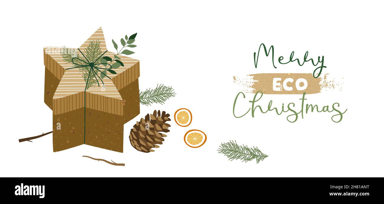 Carte de vœux de Noël joyeuse illustration d'une boîte cadeau d'étoile avec décoration de feuilles d'hiver vertes et décoration de pin.Concept de soin de la nature pour célébrer Illustration de Vecteur