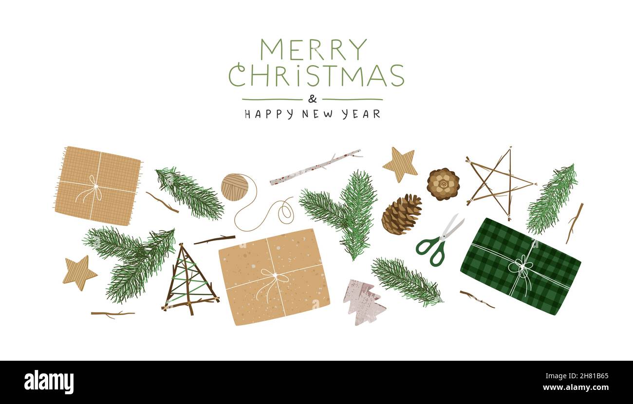 Joyeux Noël carte de vœux du nouvel an illustration d'un cadeau en papier recyclé avec pin vert et décoration d'hiver.Soins de la nature conc Illustration de Vecteur
