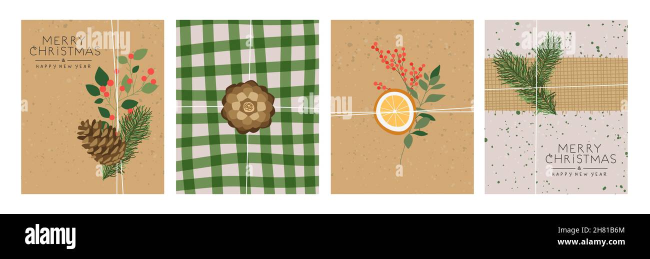 Joyeux Noël carte de vœux du nouvel an ensemble de papier d'emballage recyclé boîte cadeau et vert naturel feuille d'hiver décoration.Dessin animé plat artisanal Noël Illustration de Vecteur