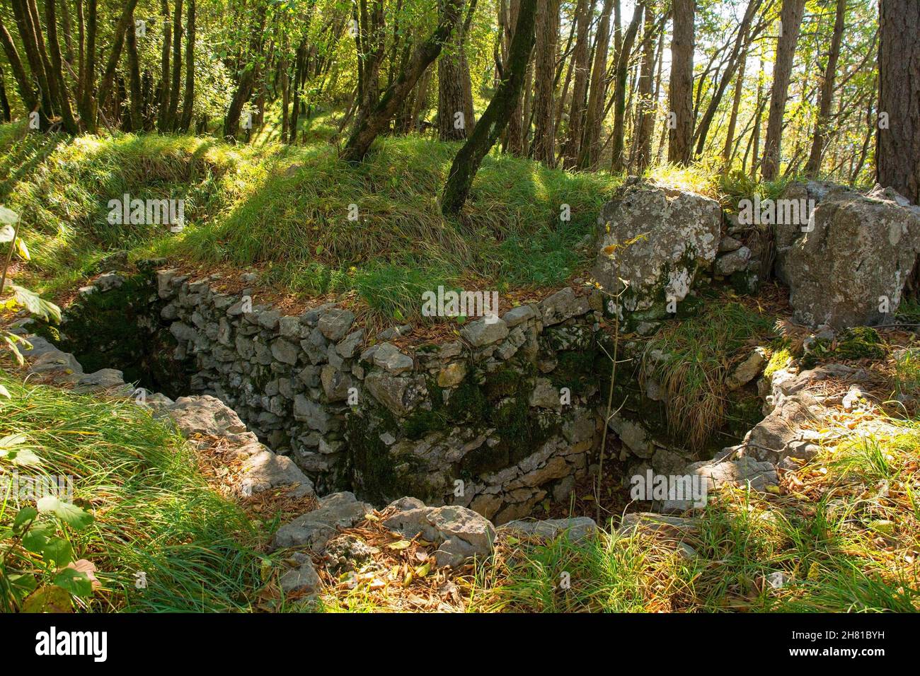 Tranchées de la première Guerre mondiale sur le mont Skabrijel près de Nova Gorica à Primorska, dans l'ouest de la Slovénie.Ils datent des batailles sur le front Isonzo Banque D'Images