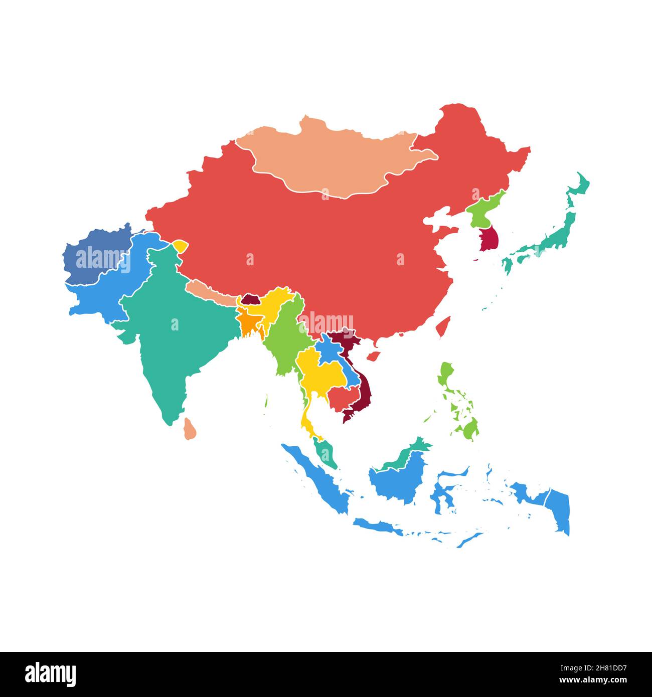 Carte vectorielle Asie pays du sud-est, continent asiatique est icône silhouette chine malaisie japon Illustration de Vecteur