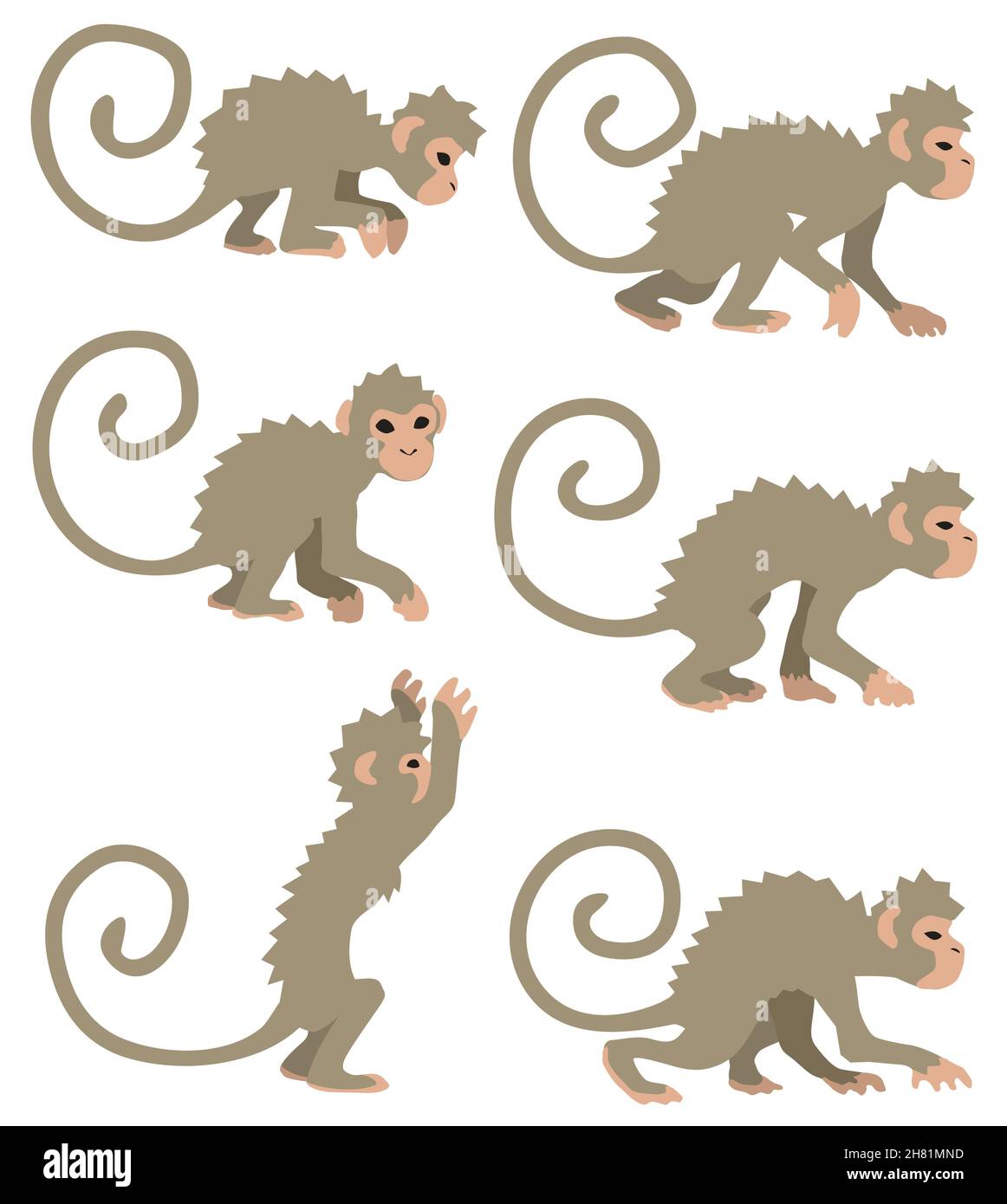 Jeu d'éléments de dessin animé de singes, vecteur de couleur isolé, horizontal Illustration de Vecteur