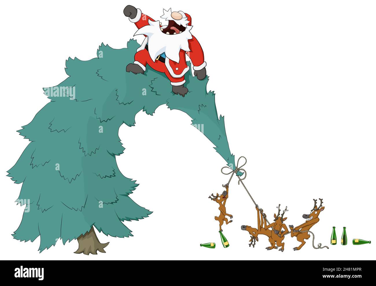 Fête de Noël caricature humoristique, Santa insouciant avion de lancement prêt à l'alcool, vecteur de couleur, isolé, horizontal Illustration de Vecteur