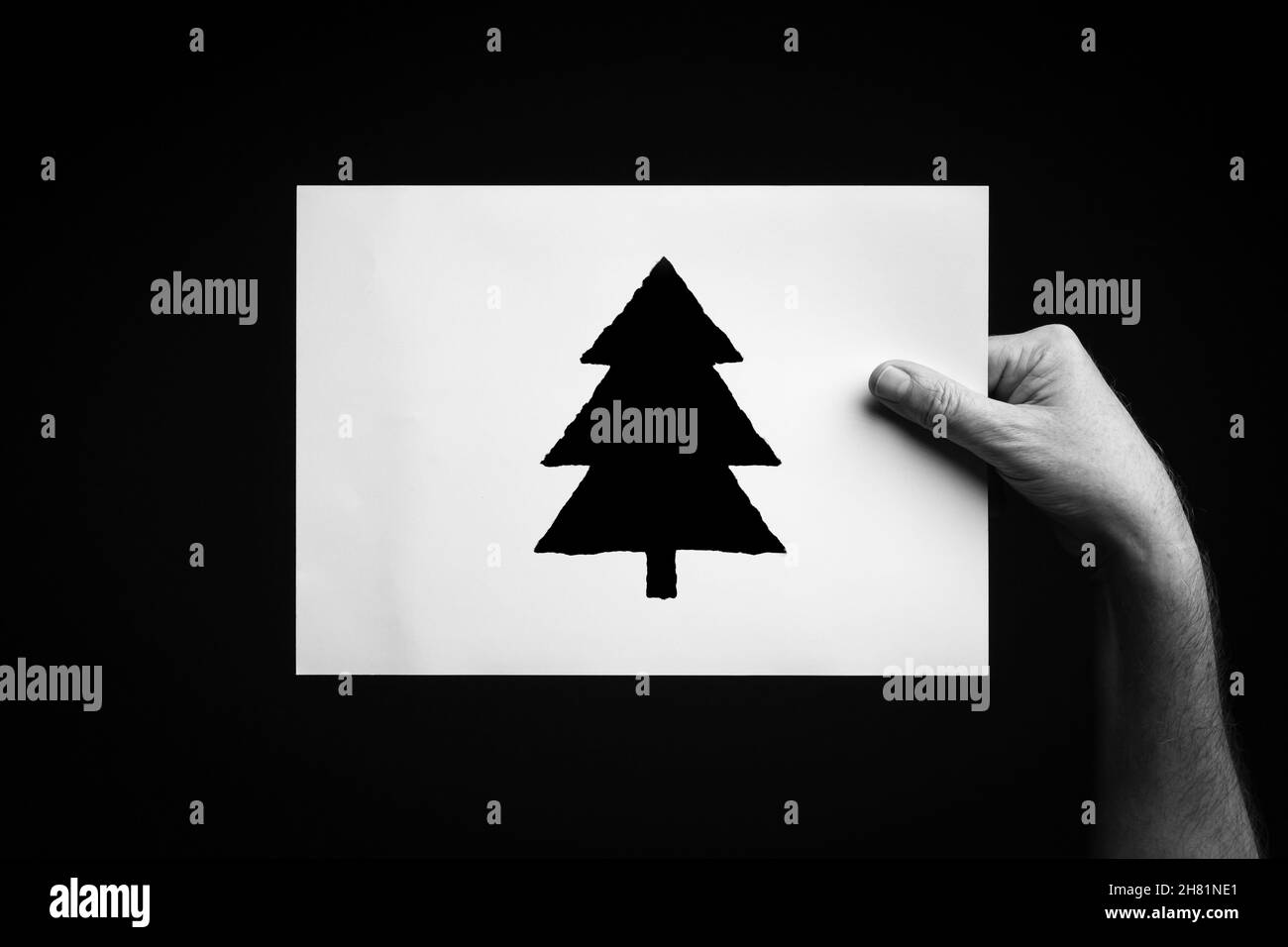 Image B+W de la main mâle tenant une feuille de papier avec le symbole arbre de noël sur fond noir. Banque D'Images