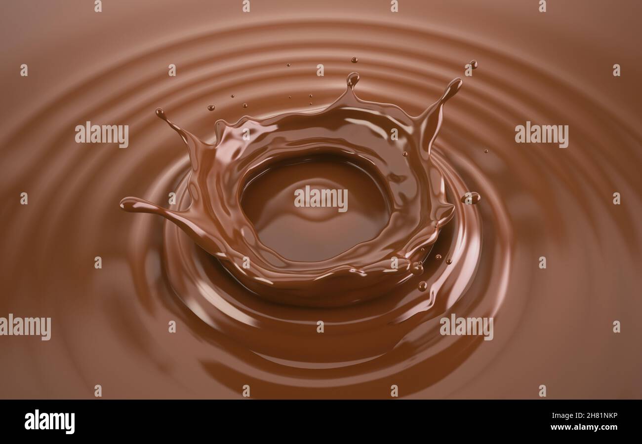 Éclaboussures de couronne de chocolat liquide avec ondulations.Vue plongeante. Banque D'Images