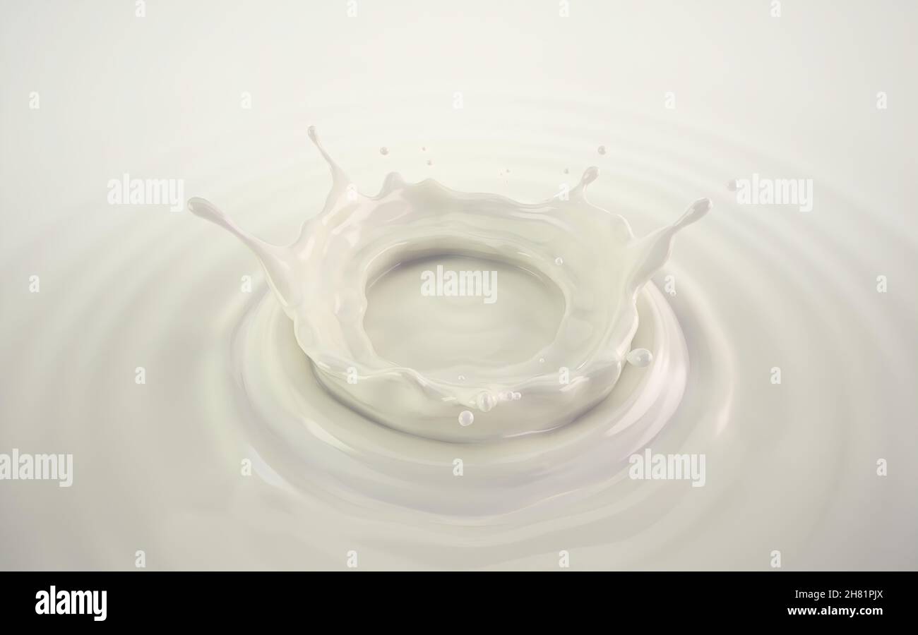 Couronne du lait splash, la projection dans le lait avec piscine ripples. Vue de l'œil de l'oiseau. Sur fond blanc. Banque D'Images