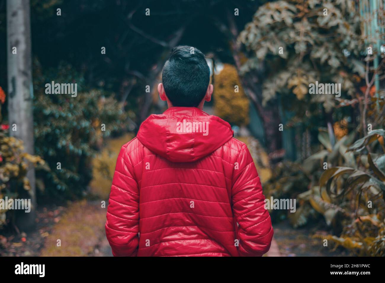 Jeune homme portant un manteau rouge marchant dans un parc Banque D'Images