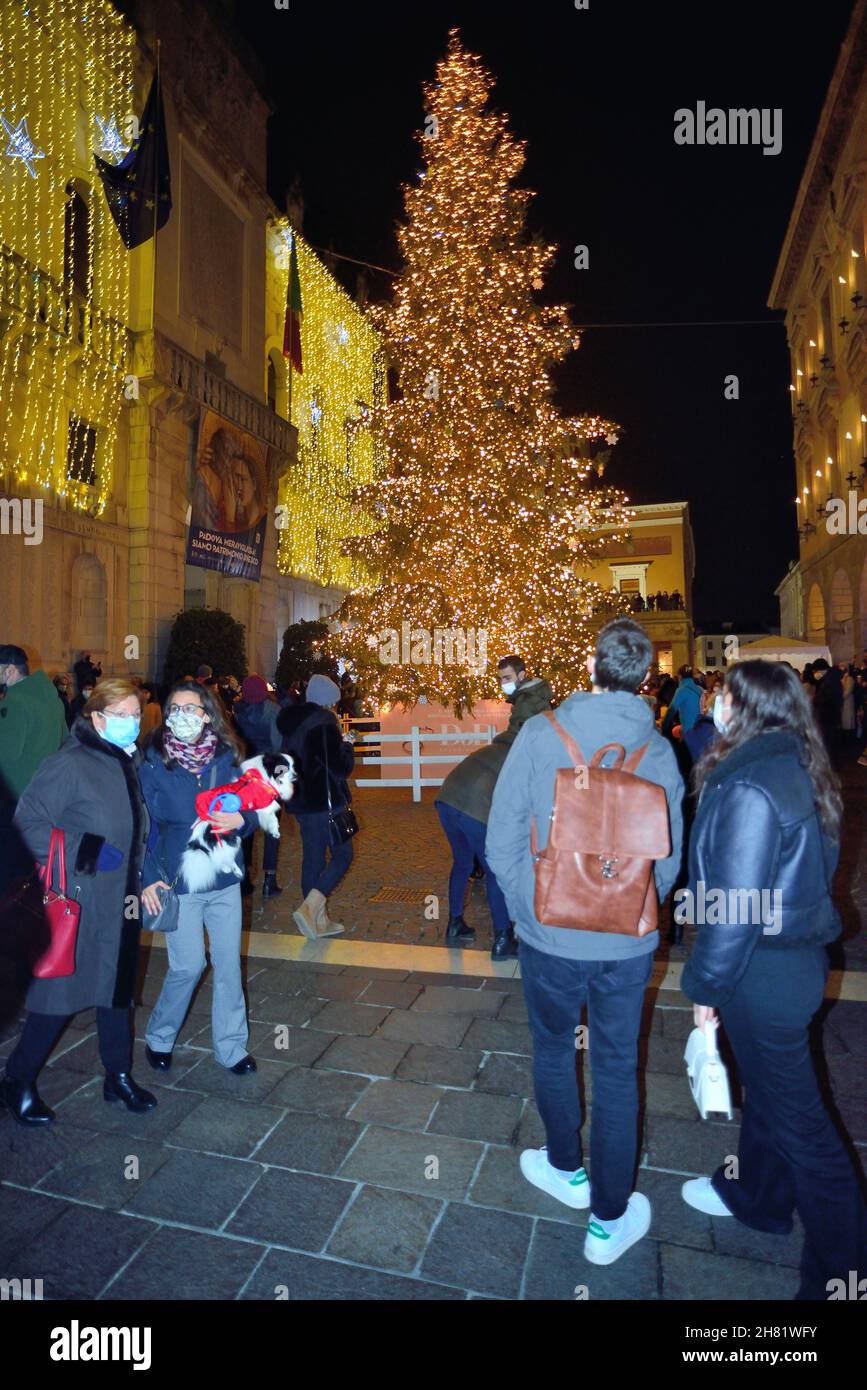 Padoue, Italie.26 novembre 2021.L'éclaircissement du grand arbre de Noël a lieu à six heures sur le « Liston », entre l'hôtel de ville et l'université Banque D'Images
