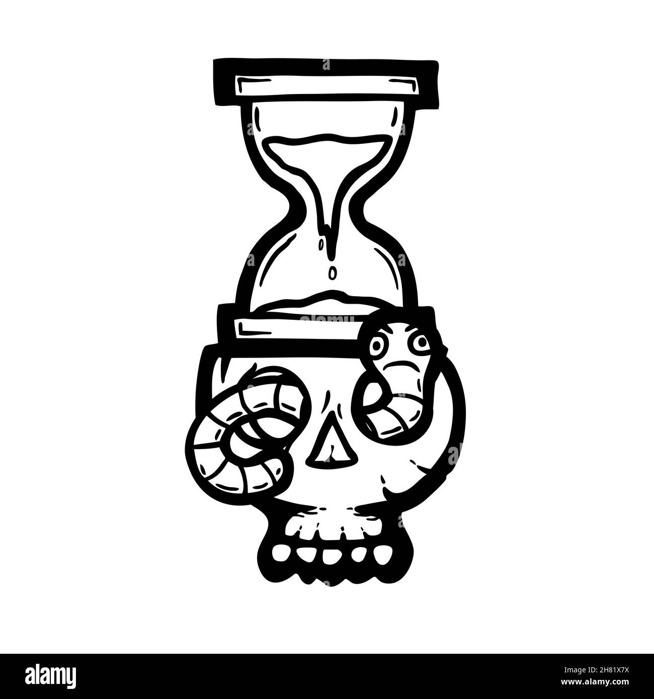 Crâne de dessin animé, illustration vectorielle dessinée à la main avec ver et horloge de sable Illustration de Vecteur