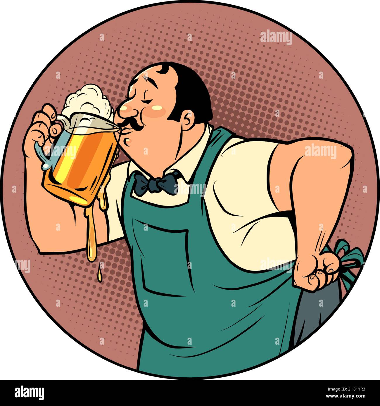 Le barman boit de la bière.Un homme et une boisson à l'eau douce.Isoler sur un fond blanc Illustration de Vecteur