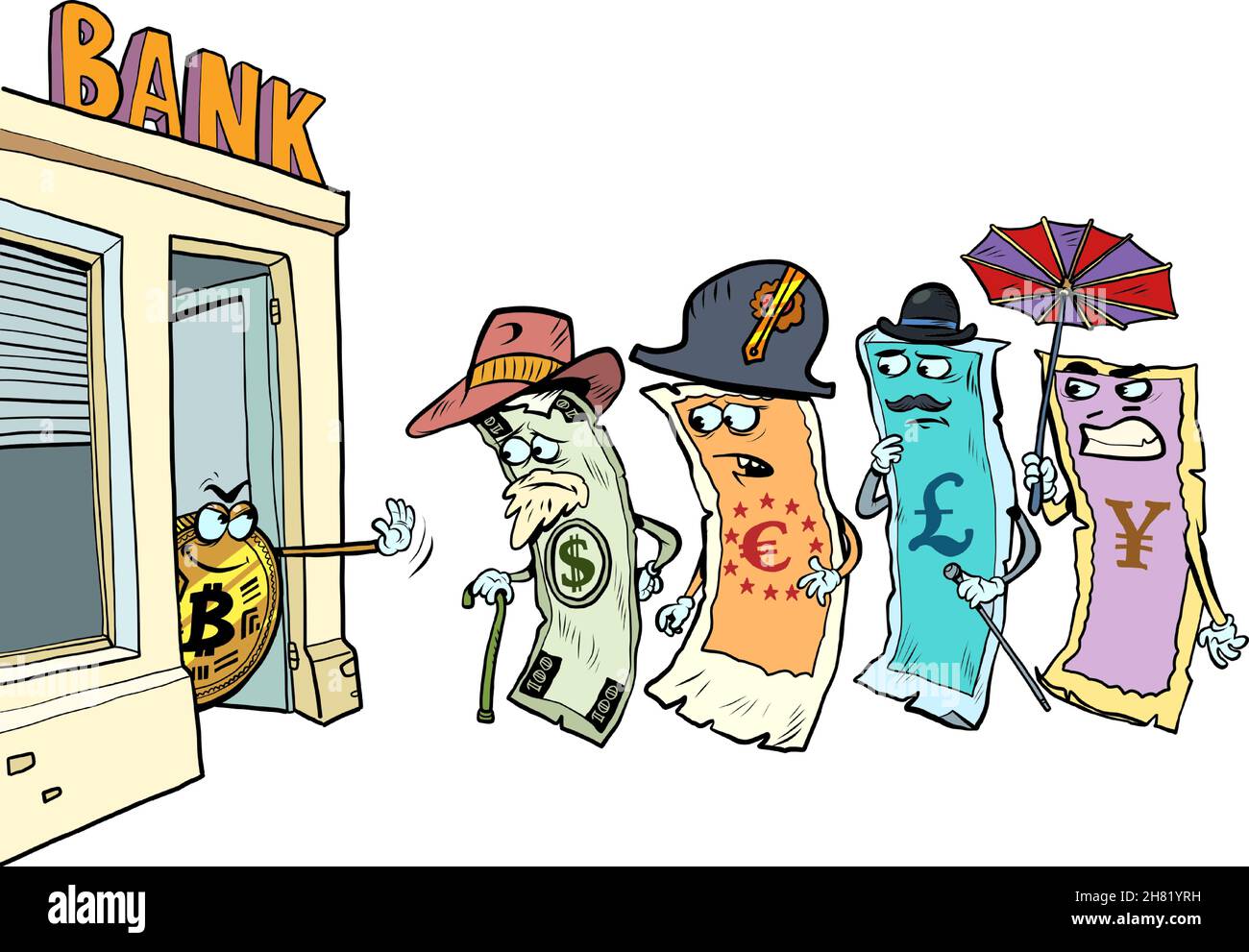 Crypto-monnaie contre argent comptant. Bitcoin ne laisse pas le dollar, le yen, la livre et l'euro dans la banque Illustration de Vecteur