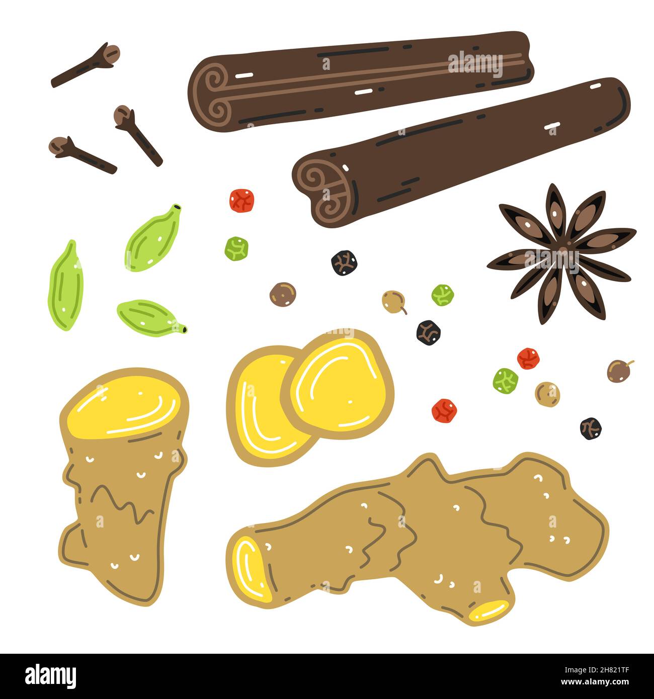 Rhizome au gingembre, grains de poivre colorés, cannelle, cardamome, clous de girofle séchés,anis étoilé.Épices pour le vin chaud Illustration de Vecteur