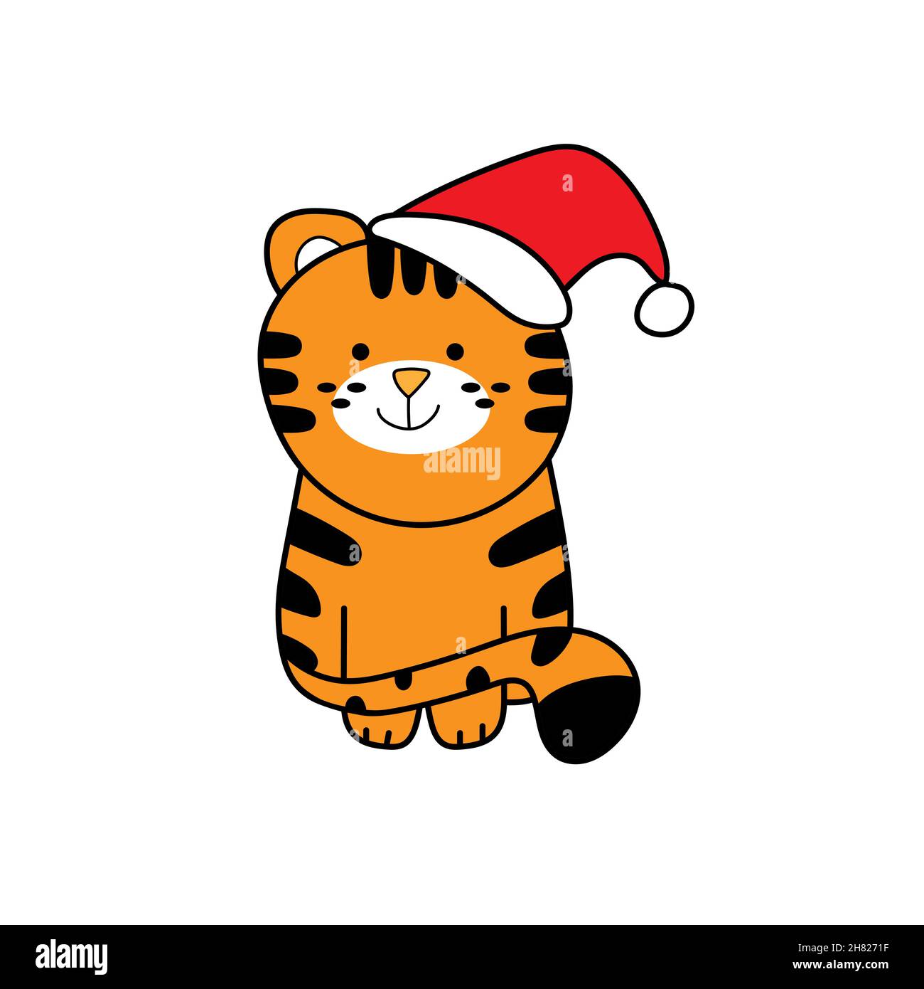 Mignon dessin animé tigres à rayures .Drôle de bébé tigre dans chapeau de père Noël sur fond blanc pour carte de joyeux Noël Illustration de Vecteur