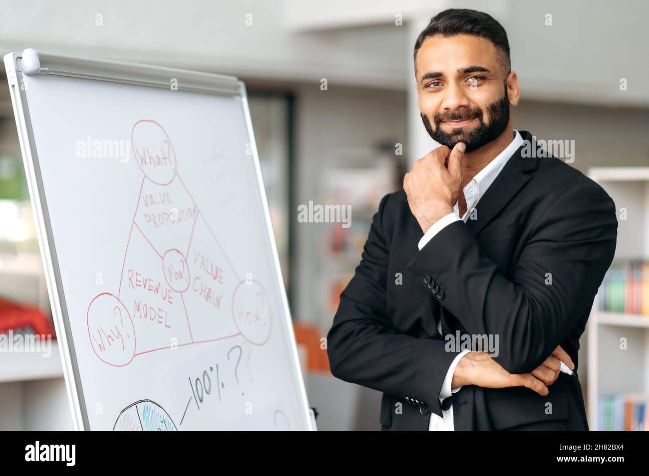 Portrait d'affaires d'un homme indien influent.Un Manager indien ou un mentor d'affaires qui a réussi, en costume, se tient près du tableau blanc au bureau, regarde l'appareil photo et sourit amicaux Banque D'Images