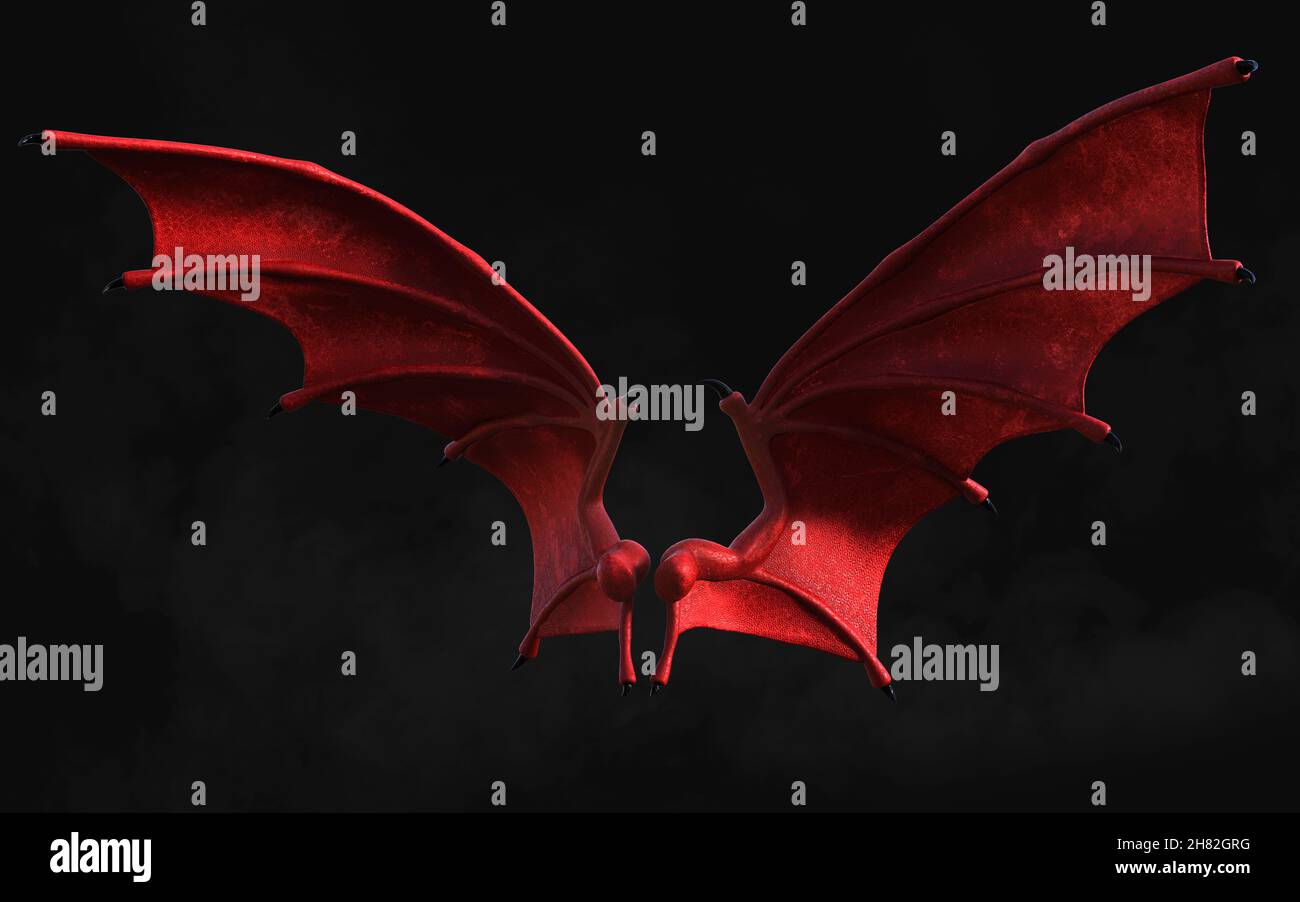 3D Illustration Red Dragon Wing, Red Devil Wings, Red Daemon Wing plumage isolé sur fond sombre avec chemin de coupure. Banque D'Images