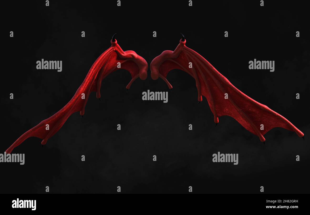 3D Illustration Red Dragon Wing, Red Devil Wings, Red Daemon Wing plumage isolé sur fond sombre avec chemin de coupure. Banque D'Images
