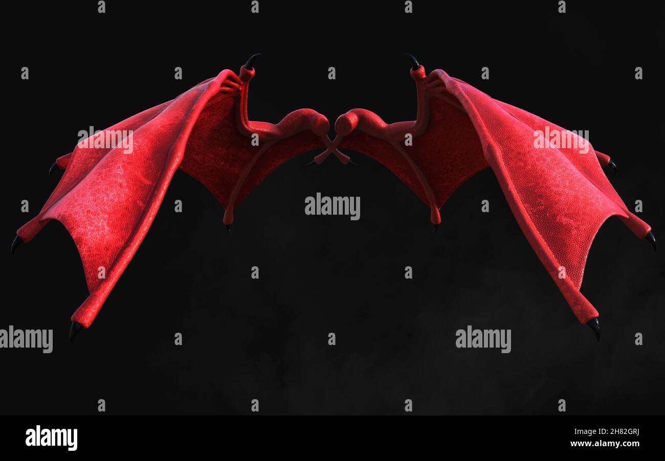 3D Illustration Red Dragon Wing, Red Devil Wings, Red Daemon Wing plumage isolé sur fond sombre avec chemin de coupure. Banque D'Images