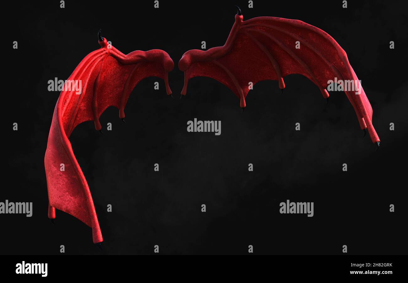 3D Illustration Red Dragon Wing, Red Devil Wings, Red Daemon Wing plumage isolé sur fond sombre avec chemin de coupure. Banque D'Images