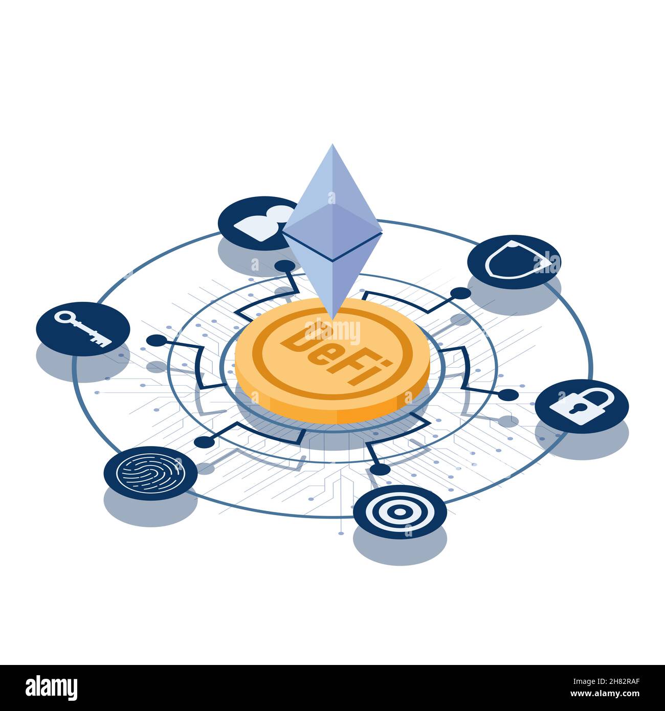 Flat 3d Isometric Ethereum sur Golden coin décentralisé à l'icône de sécurité à l'extérieur.DEFI financement décentralisé et technologie blockchain concept Illustration de Vecteur