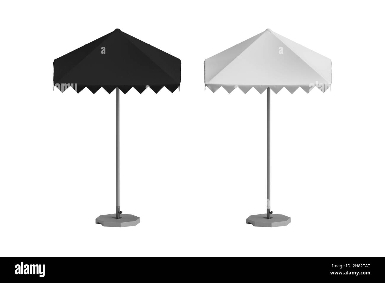 Maquette de pare-soleil parasol noir et blanc isolée sur fond blanc, illustration de rendu 3d. Banque D'Images