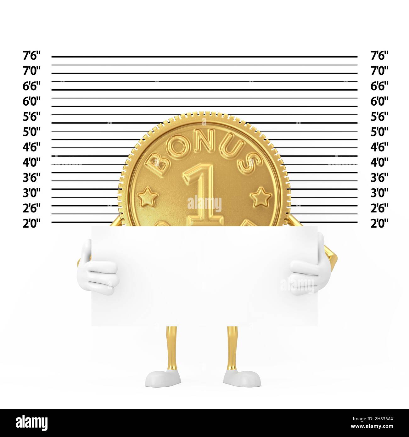 Golden Loyalty Program Bonus pièce personne personnage Mascot avec plaque d'identification devant la police ligne ou Mugshot fond extrême gros plan. Banque D'Images