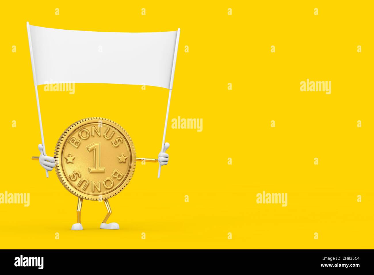 Golden Loyalty Program Bonus pièce personne personnage Mascot et vide blanc bannière vide avec espace libre pour votre conception sur un fond jaune.3d Rend Banque D'Images