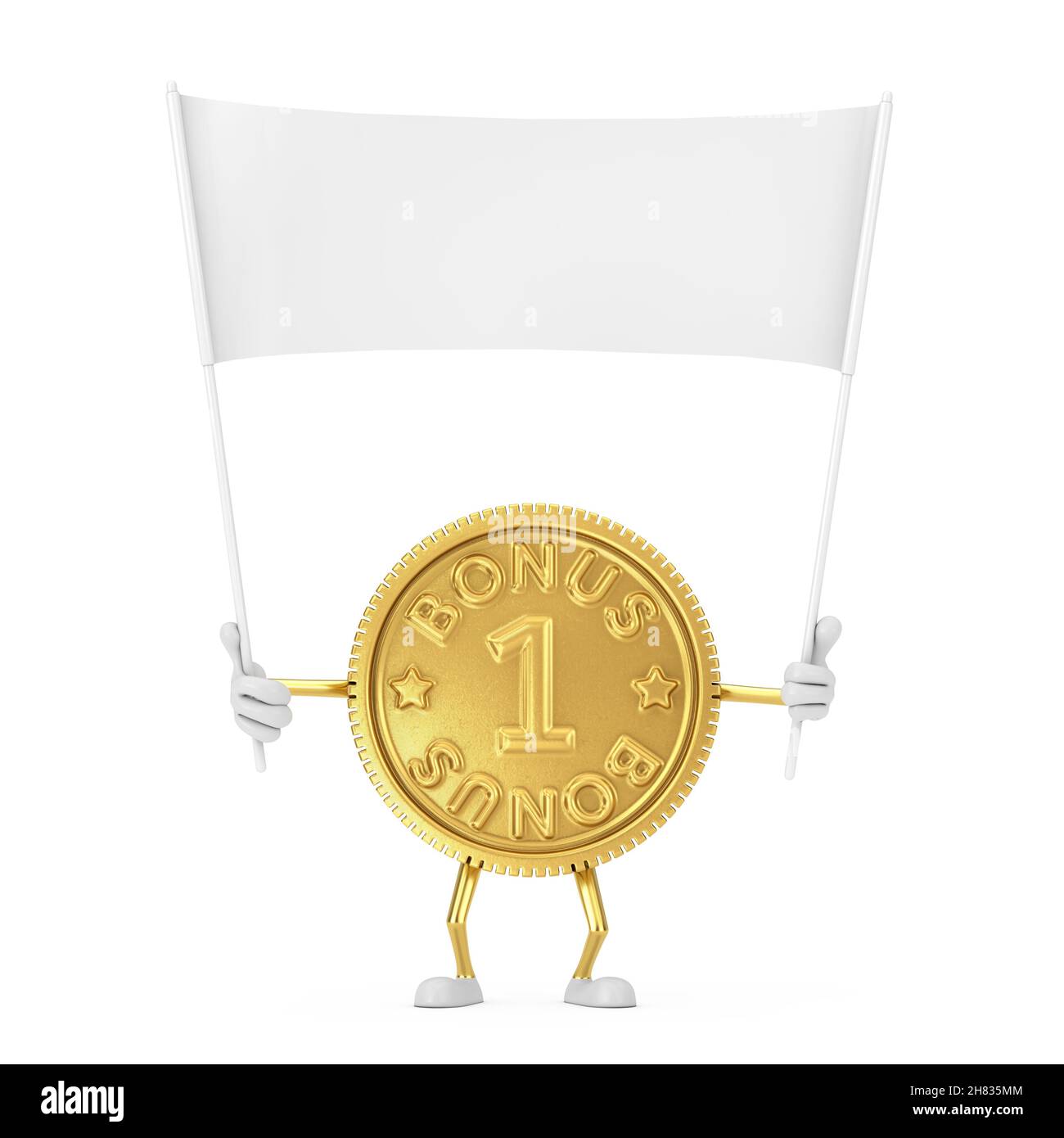 Golden Loyalty Program Bonus pièce personne personnage Mascot et vide blanc bannière vide avec espace libre pour votre conception sur un fond blanc.3d Rende Banque D'Images