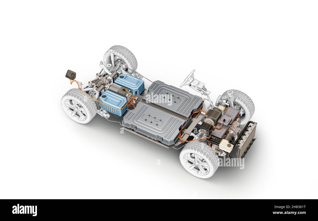 Voiture électrique sous le châssis du chariot.Tous les détails principaux du système EV, sur fond blanc. Banque D'Images