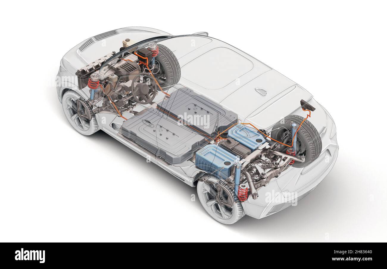 Rendu 3d tronquée technique de voiture générique électrique avec tous les détails principaux du système EV en effet fantôme avec dessin.Vue de dessus en perspective sur bac blanc Banque D'Images