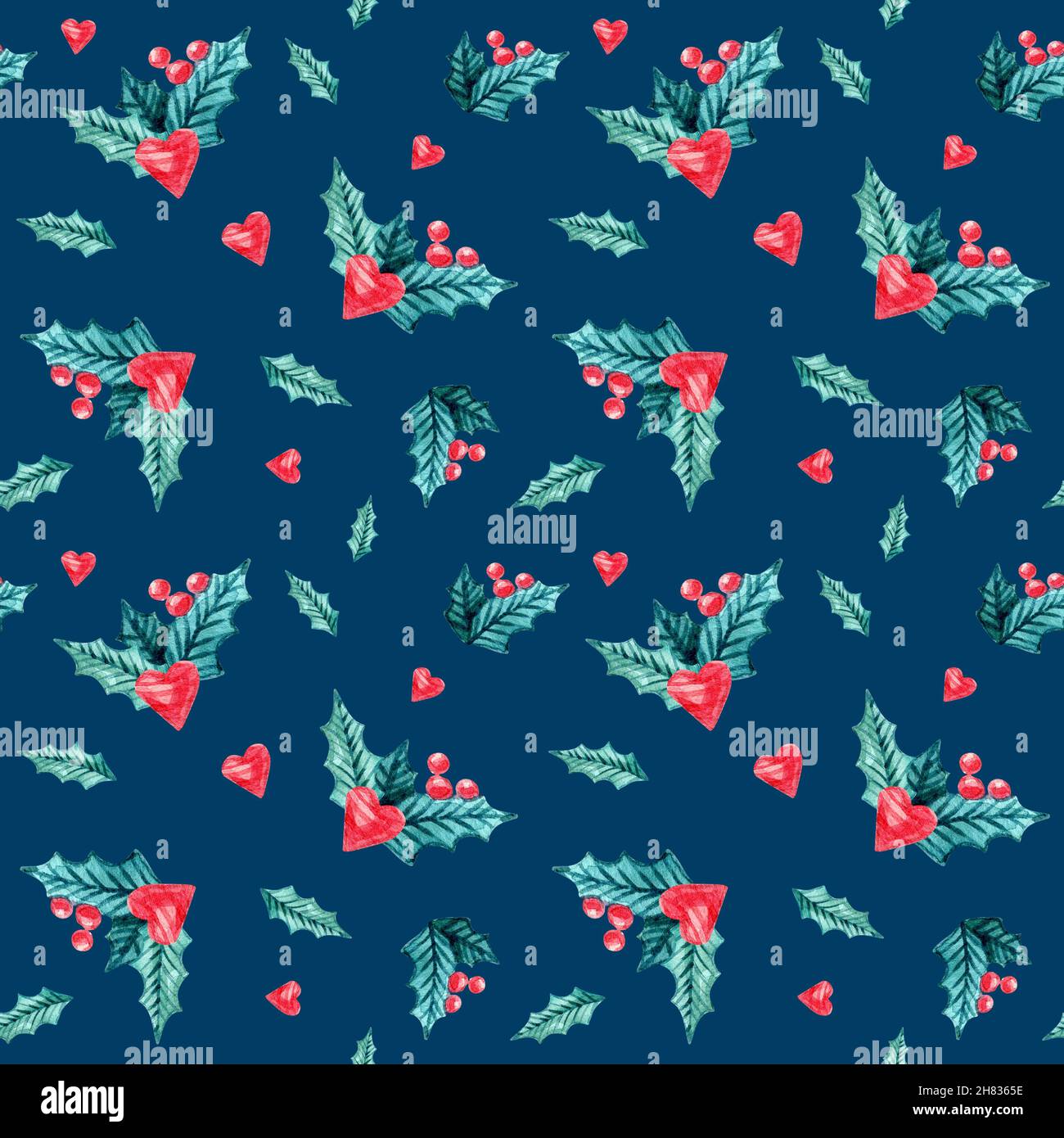 Noël motif aquarelle sans coutures avec coeurs, GUI, sur fond bleu.Illustration d'hiver isolée par aquarelle Banque D'Images