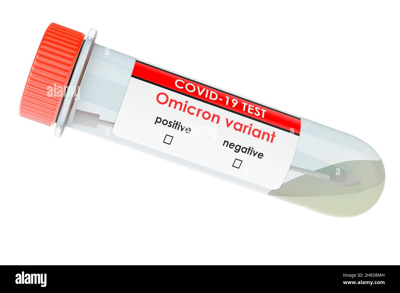 Variante Covid OMICRON B.1.1.529 COVID-19.Tube à essai, concept de test du coronavirus.Rendu 3D isolé sur fond blanc Banque D'Images