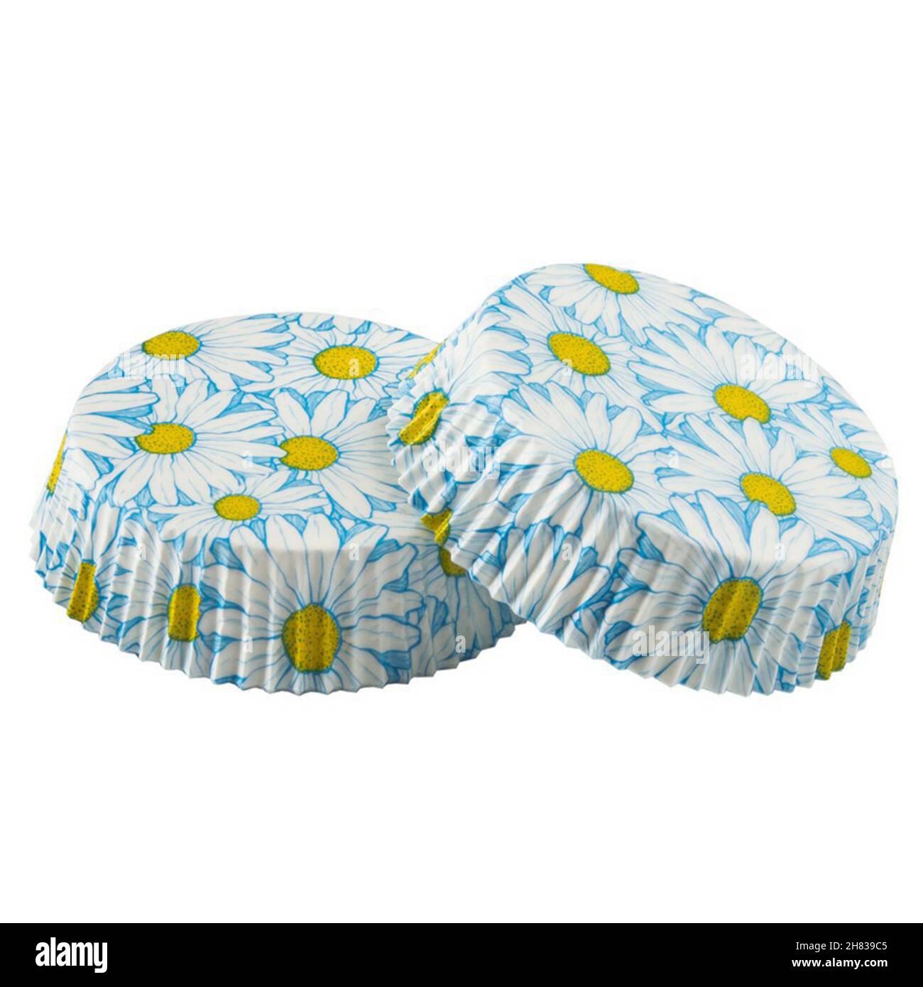 Papier blanc formes de cuisson pour muffins et cupcakes avec motif de fleurs de Marguerite isolé sur fond blanc, photographie d'objet Banque D'Images