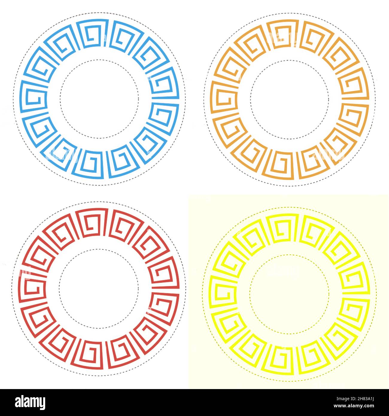 Icônes de plaque avec des motifs grecs de couleur isolés sur fond blanc, illustration.Collection d'icônes rondes texturées, muffins circulaires ou petits gâteaux Banque D'Images