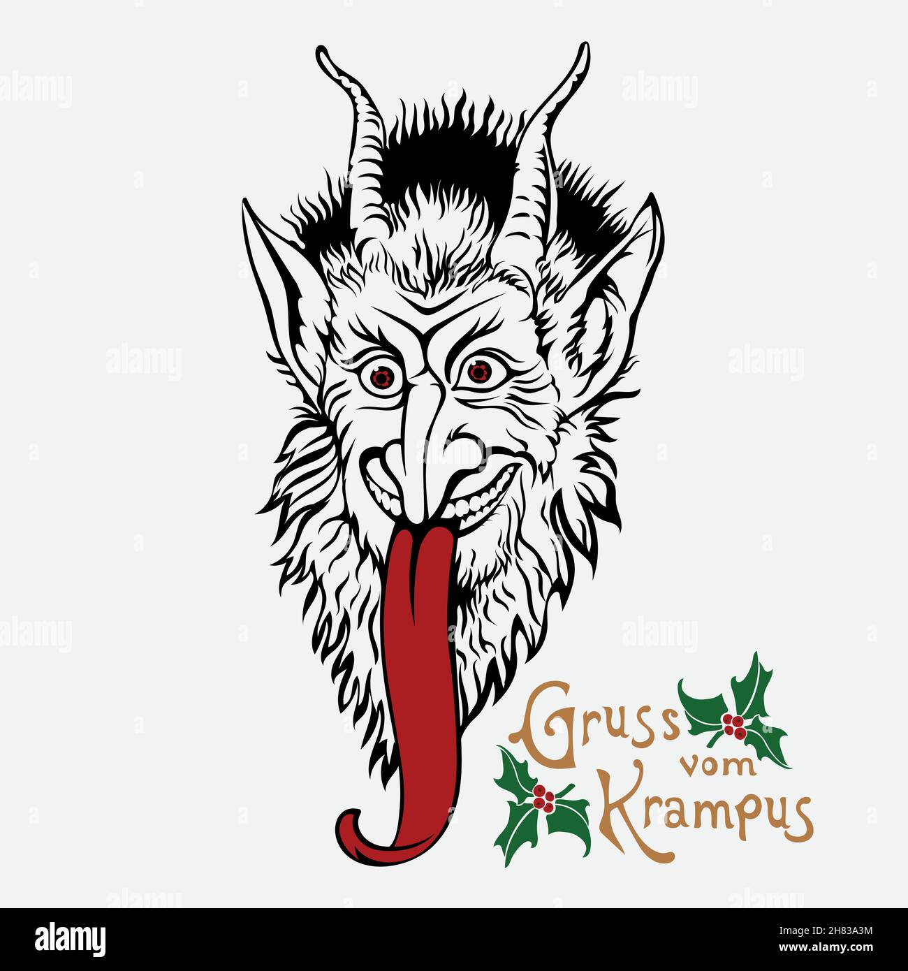 Illustration de Noël, carte postale. Krampus caractère folklorique d'Europe centrale. Krampus Christmas Horned Daemon Illustration de Vecteur