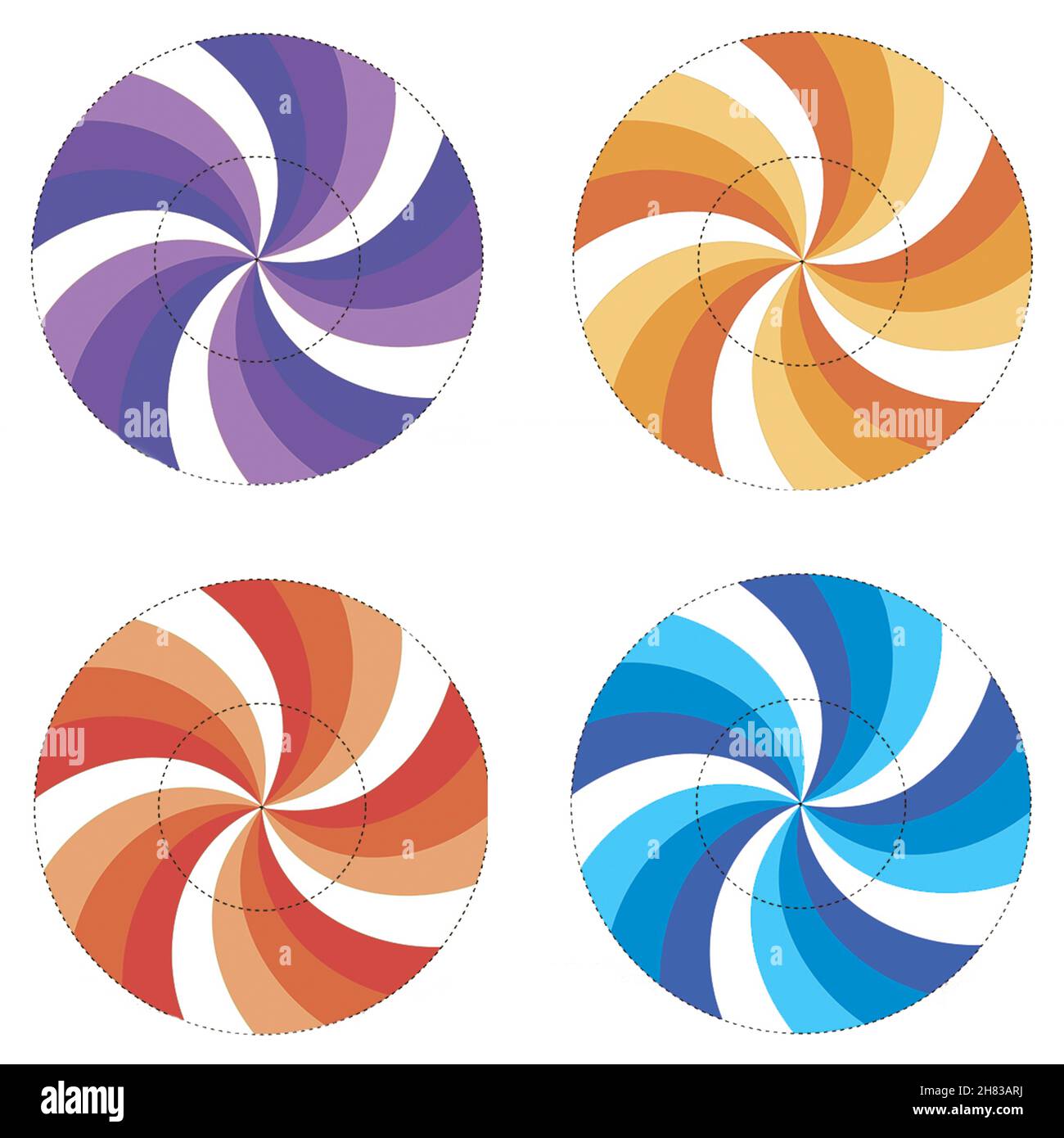Icônes de plaque définies avec des motifs de couleur isolés sur fond blanc, illustration.Collection d'icônes rondes texturées, muffins circulaires ou petits gâteaux Banque D'Images