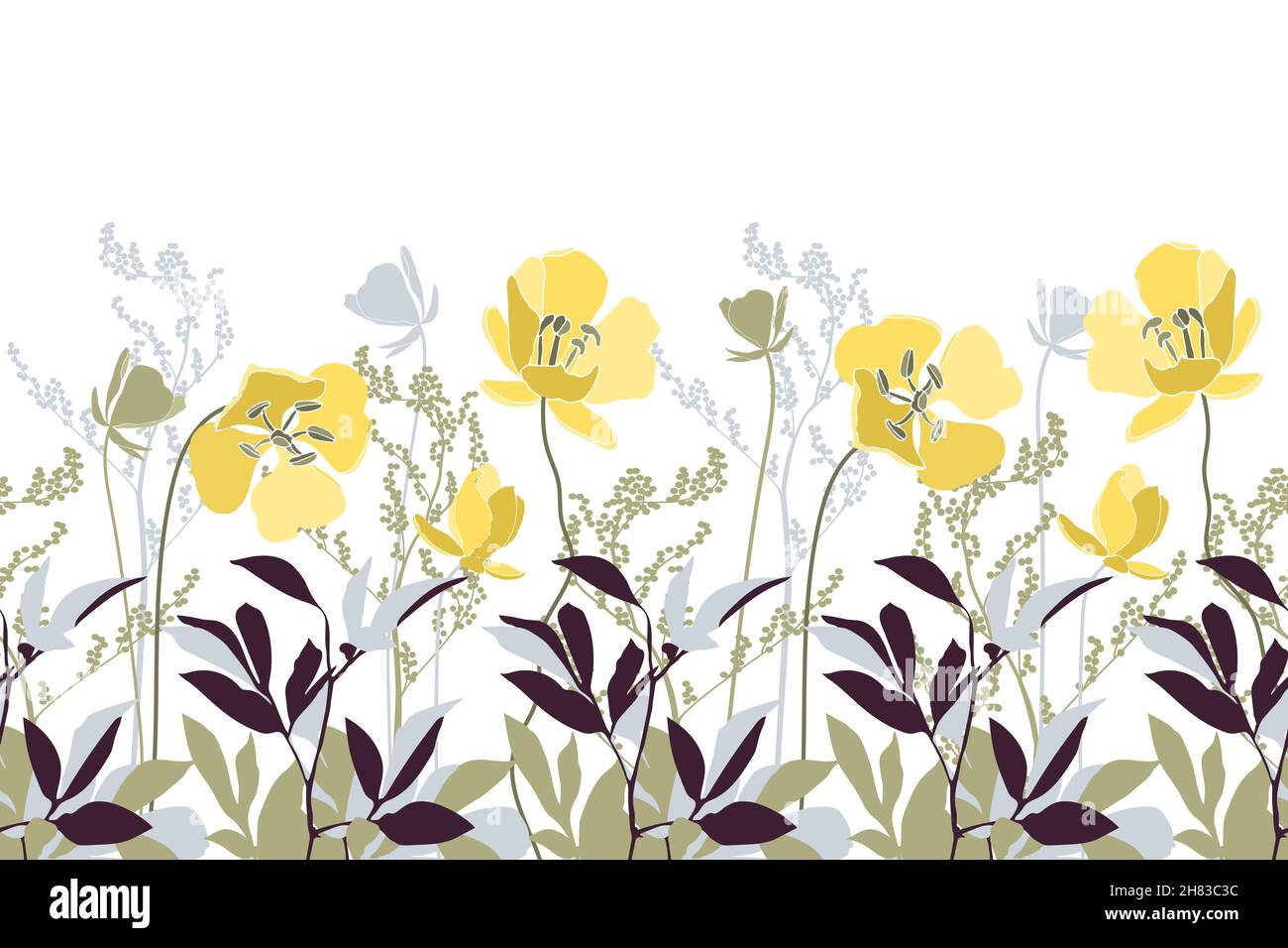 Motif fleuri vectoriel sans couture, bordure.Belles fleurs et pétales jaunes avec brindilles et feuilles violettes et brunes isolées sur un fond blanc. Illustration de Vecteur