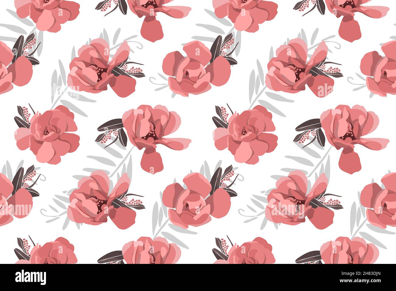 Motif fleuri vectoriel sans coutures.Fleurs et pétales rouges de couleur corail avec brindilles et feuilles grises. Illustration de Vecteur