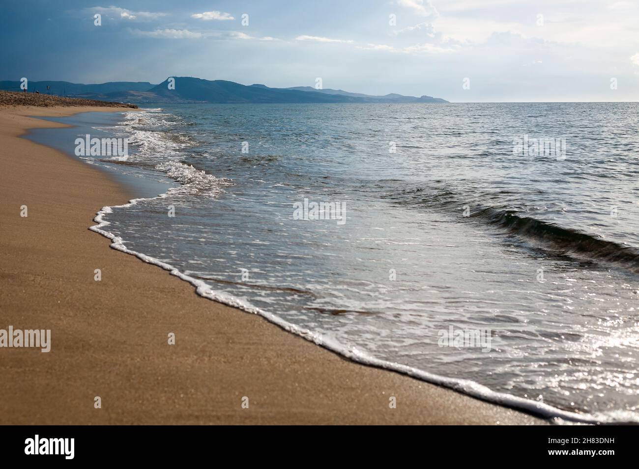 Photo en petit angle de la plage de sable, avec empreintes de pas et algues, bercée par les vagues en mouvement rapide. Banque D'Images