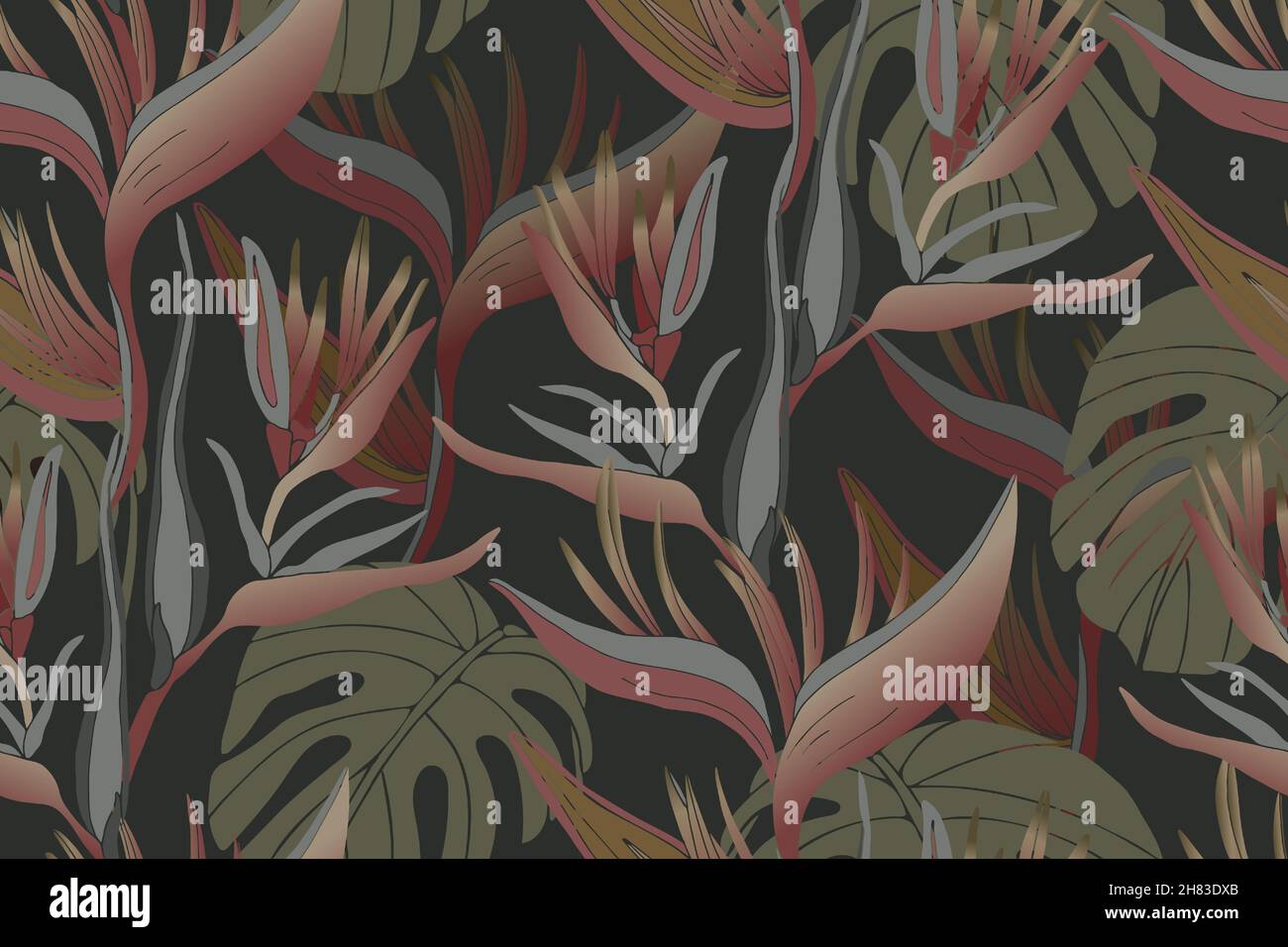 Motif vectoriel de plante tropicale sans couture.Monstera et Heliconia isolés sur un fond sombre. Illustration de Vecteur