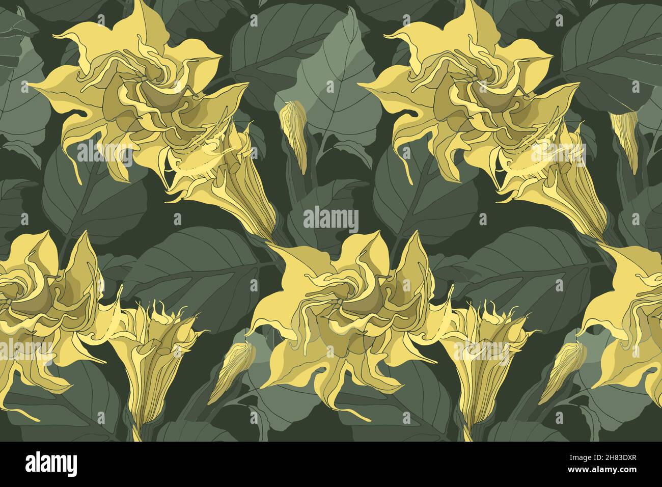 Motif fleuri vectoriel sans coutures.Fleurs jaune Datura avec boutons et feuilles vertes. Illustration de Vecteur