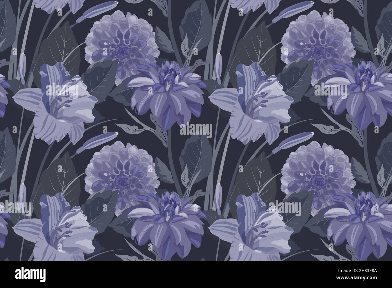 Fond floral vectoriel sans couture avec dahlias et lys.Motif avec fleurs et feuilles violettes sur fond sombre. Illustration de Vecteur