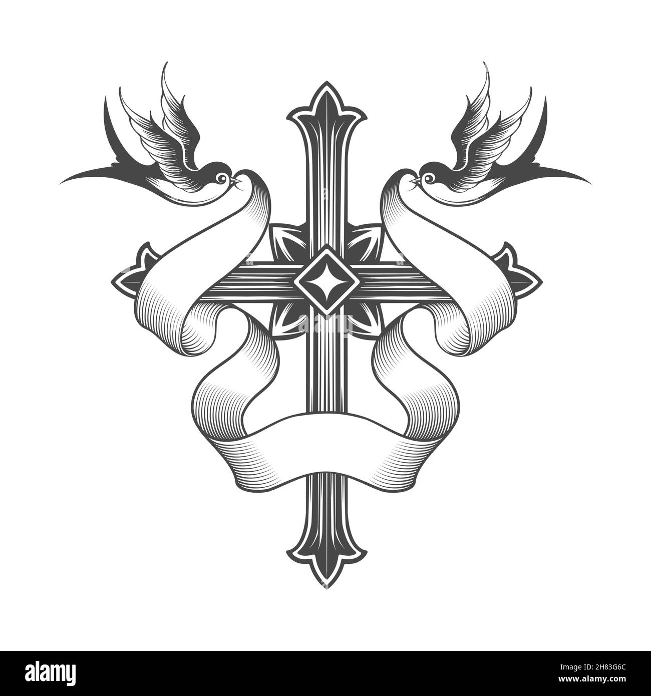 Tatouage de croix dessiné à la main avec bannière et deux Swalws isolés sur blanc Illustration de Vecteur