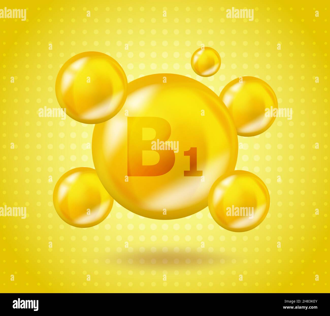 Conception réaliste de la vitamine B1 thiamine.Concept d'illustration de la nutrition jaune.Conception de la thiamine du complexe vitaminique 3D B1.Capsule de pilule. Illustration de Vecteur