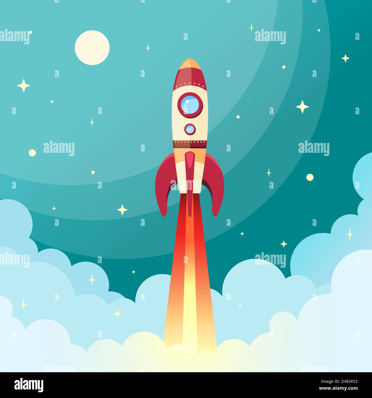 Vol fusée spatiale dans l'espace avec la lune et les étoiles sur fond ...