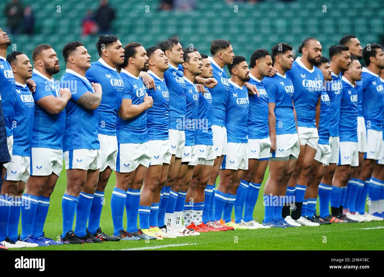 Les Samoa Mau chantent leur hymne national au stade de Twickenham après l'annulation de leur match avec les Barbarians.Date de la photo: Samedi 27 novembre 2021.Voir l'histoire de PA RUGBYU Barbarians.Le crédit photo devrait se lire comme suit : David Davies/PA Wire.RESTRICTIONS : l'utilisation est soumise à des restrictions.Utilisation éditoriale uniquement, aucune utilisation commerciale sans le consentement préalable du détenteur des droits. Banque D'Images